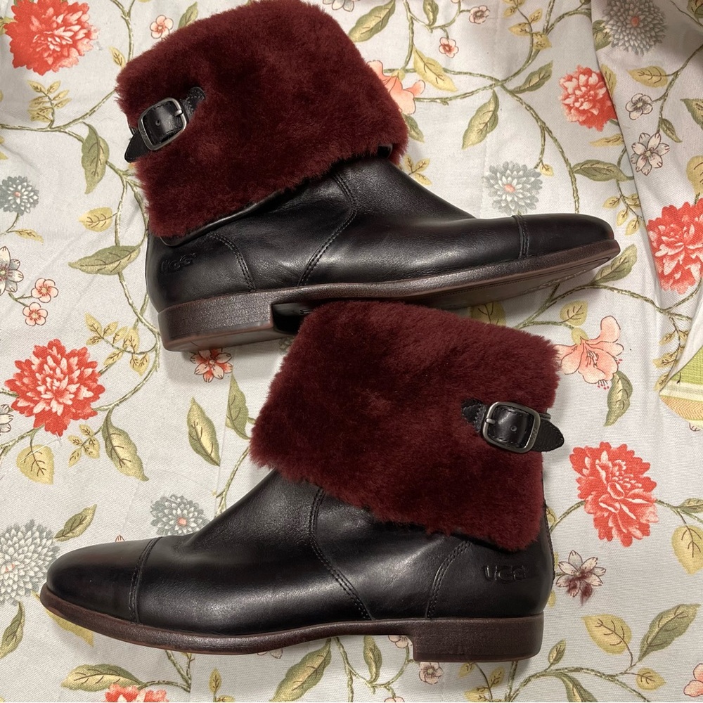 UGG Red Trim Sherpa Black Leather Booties
